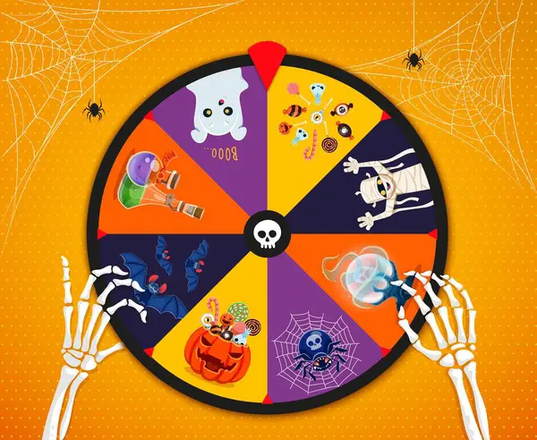 stock vector Halloween spin, fortune wheel roulette. Gambling spin, bet jackpot game vector Halloween roulette with ghost, mummy and bat cartoon characters, candy treat, spider web, skeleton hand and magic potions