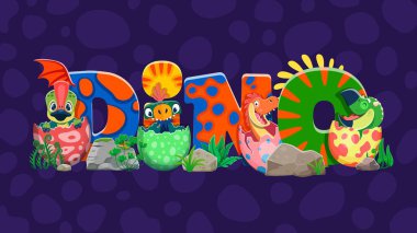 Dinozor çocuklar, yumurta kabuğunda komik tarih öncesi dinozorlar. Çizgi film vektörü komik bebek sürüngen karakterler yumurtadan çıkıyorlar ve renkli sevimli harflerle dino kelimelerini oluşturuyorlar. Yenidoğan kertenkeleler ve canavar yazı tipi