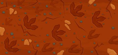 Tarih öncesi dinozor fosil ayak izleri. Antik dinozor sürüngen hayvan pençesi izli karikatür vektör arka planı. Jurasik arkeolojik ve paleontolojinin bulgularına göre kahverengi zeminde ayak izleri var.
