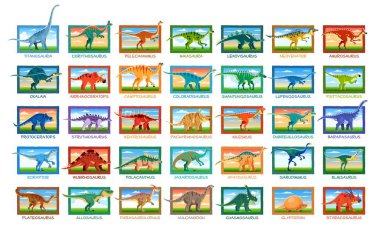 Tarih öncesi dinozorlar vektör seti. Antik sürüngenler, dinozor hayvanlar ve türünün adıyla etiketlenmiş mezozoik çağdan yaratıklar. Eski soyu tükenmiş ekosistemin eğitici paleontolojik bilgi grafikleri