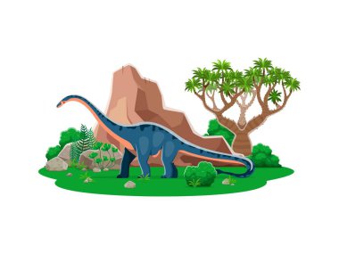 Shunosaurus tarih öncesi dinozor çizgi film karakteri. İzole edilmiş vektör antik otobur Sauropod sürüngen hayvan doğal ortamda kaya, ağaç ve bitkilerle birlikte. Jura Dönemi Paleontolojisi Dönemi Kertenkelesi