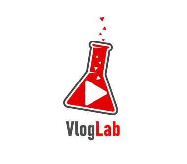 Kırmızı bir laboratuvar şişesi ya da kırmızı sıvı ile beher içeren bir Vlog simgesi ve çalma tuşu. Vlogcular, içerik yaratıcılar ve bilimle ilgili medya için izole vektör amblemi. Markalaşma ve pazarlama için etiket