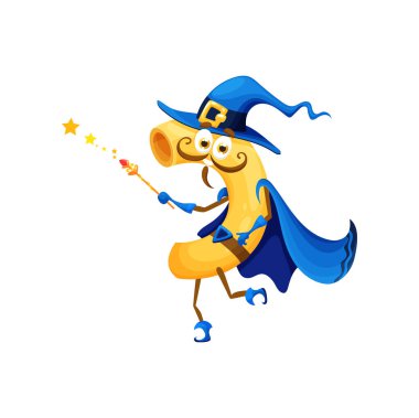 Cadılar Bayramı çizgi filmi İtalyan makarna sihirbazı karakteri. İzole edilmiş vektör makarna kişiliği mavi uçlu şapka ve pelerin giyer. Büyücülük gücüyle ürkütücü yemekler yapar ve lezzet ve lezzet büyüleri yapar.