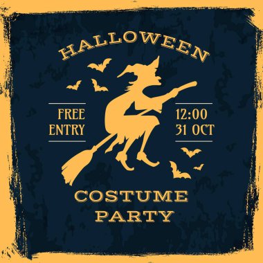 Cadılar Bayramı 'nda uçan cadının olduğu bir poster. Karanlık büyünün, ürkütücü kutlamaların ve eğlencenin olduğu kostümlü parti gecesi için davetsiz giriş büyüleyici davetiye. Sihirli bir maceraya hazır ol.