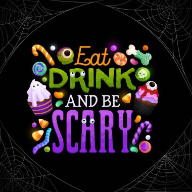 İç ve örümcek ağıyla Cadılar Bayramı pankartı ol. Korkunç bir bayram tebriği. Ürkütücü tatlılar, kekler, lolipoplar, şekerler ve örümcek ağı çerçevesindeki jöle solucanları içeren komik bir çizgi film karakteri.