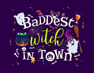 Cadılar Bayramı 'nda, şehrin en kötü cadısı. Çizgi film kawaii hayaletleri, bayram tipografisi, cadı kazanı, şapka, siyah kedi, süpürge ve uçan şirin, tapılası hayaletlerle dolu renkli şekerler.