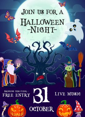 Cadılar Bayramı parti ilanı içinde komik cadı, büyücü, canavar ağaç ve hayaletler var. Ürkütücü yarasalar, balkabağı suratlar, amanita mantarları ve parlayan aya karşı kelebekler. Olay için vektör davet posteri