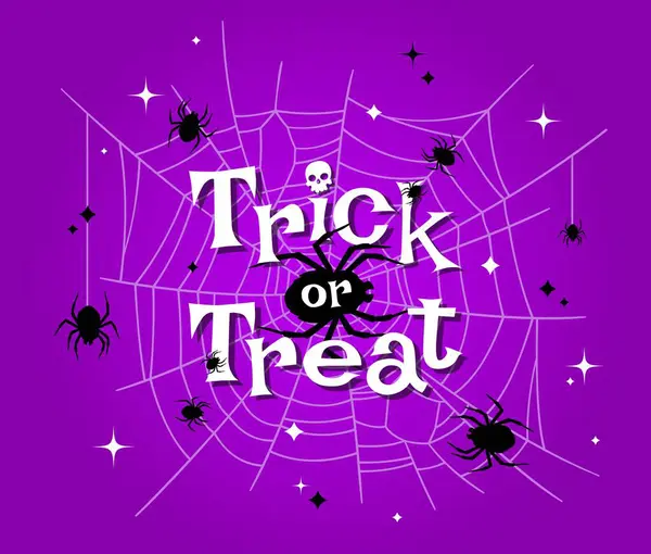 Cadılar Bayramı pankartımızı örümcek ağı ve örümceklerle süsleyin. Ürkütücü ve karmaşık örümcek ağıyla süslenmiş vektör mor arka planı geleneksel 