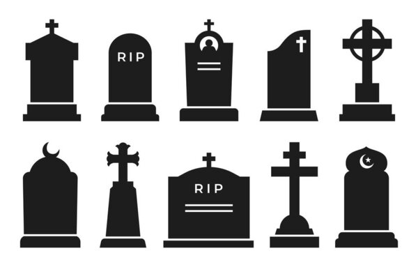 Могильный камень и силуэты надгробия. Могильный камень и надгробие. Кладбища с христианскими кольцами крестов и ислама полумесяца, кладбища пьедесталы изолированные векторные силуэты установлены