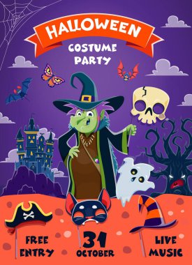 Cadılar Bayramı parti broşürleri. Yakınlardaki en büyük fotoğraf kabini deneyimi için kafatası maskesi tutan komik bir cadı. Ürkütücü yarasalar, hortlaklar, kelebekler ve ağaç canavarlarıyla dolu hayaletli kaleli taşıyıcı pankart.