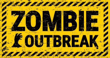 Zombi canavar salgını Cadılar Bayramı kıyameti için uyarı işareti. Cadılar Bayramı korku gecesi ve parti için şaka mı şeker mi? Tehlikeli bölge uyarısı için zombi eli olan homurtu sarı poster.