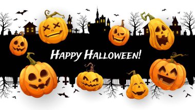 Cadılar Bayramı kasabası silueti, tehlikeli balkabakları ve terk edilmiş evleri, ürkütücü gölgeler. Vector ürkütücü Jack fenerleri ve ıssız şehir manzarası yarasalar ve ürpertici ağaçlarla ürpertici bir atmosfer yaratıyor.