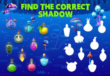 Cadılar Bayramı oyunu, iksir şişelerinin doğru gölgesini bul yapboz çalışma kağıdını. Vektör çocuklar iksir cam şişeleri, sihirbaz zehir şişeleri ve peri masalı mataraları üzerine iksir şişeleri yarışması