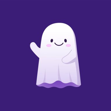 Cadılar Bayramı Kawaii hayalet karakteri neşeli bir ifade ve el sallayan neşeli bir gülümseme. İzole edilmiş şirin çizgi film bebek hayaleti, beyaz hayalet sezonun neşeli ruhunu yakalıyor.