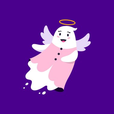 Beyaz kanatlı, pembe yanaklı ve sevimli gülüşlü komik bir Cadılar Bayramı Kawaii hayalet melek karakteri. İzole edilmiş vektör, masumiyet ve tatlılığın nazik ve tuhaf havasını yayıyor.