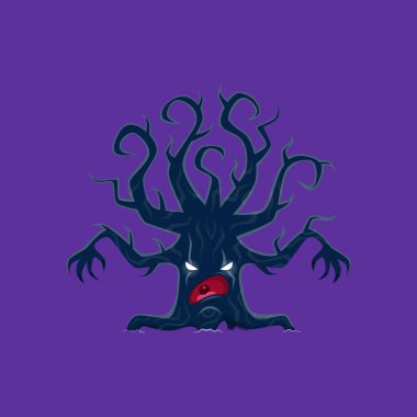 Çizgi film Cadılar Bayramı korkunç ağaç karakteri. Çatlamış ağaç kabuğu, buruşuk uzuvları ve kökleri, ürkütücü gözleri, korkunç yüzü, uzun keskin pençeleri olan kolları olan izole edilmiş vektör tüyler ürpertici bitki kişiliği.