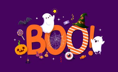 Komik Kawaii hayalet karakterleri ve tatil tatlıları olan Boo Halloween afişi, vektör geçmişi. Cadılar Bayramı korku gecesi ve şeker mi şeker mi kurukafa, göz lolipopu ve örümcek ağında canavar karamel
