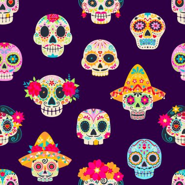 Dia de Los Muertos Tatil Meksikalısı Calavera şekerli kafatasları kusursuz desen. Ölü Karnaval ya da festival Günü. Kumaş kusursuz baskı, tekstil Meksika arka planı ya da süslü kafatasları olan vektör deseni.