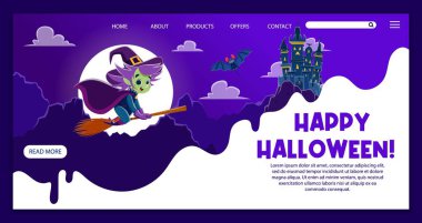 Cadılar Bayramı iniş sayfası, tatil kutlama şirketi sitesi. Gece gökyüzünde süpürgeyle uçan komik cadılı vektör web pankartı, yarasa ve ürkütücü kale. Festival ajansının menü çubuğuyla tanıtım sayfası