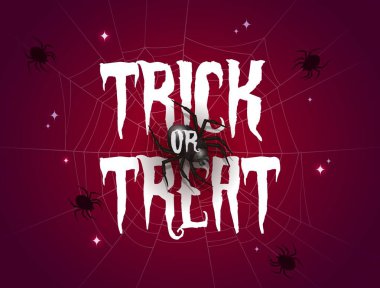 Cadılar Bayramı örümcekleri ve örümcek ağı taşıyıcı bayram afişi. Ürkütücü ve çetrefilli örümcek ağı, kıvılcımlar ve sürünen böcekler. Ürkütücü şaka mı şeker mi şenlikleri kartı.