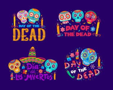 Meksika bayramı için Calavera şeker kafatasları ve vektör pankartlı Ölü Harfler Günü. Dia De Los Muertos iskelet kafatası ve Meksika çiçekli jalapeno biberli süs.