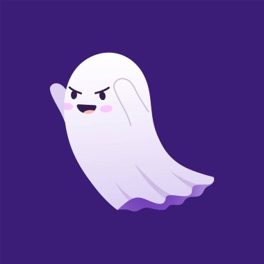 Halloween kawaii ghost character with mischievous face and raised arms playfully saying boo, while trying to frighten. Cartoon vector cute, charming, spooky and adorable spirit flying at holiday night clipart