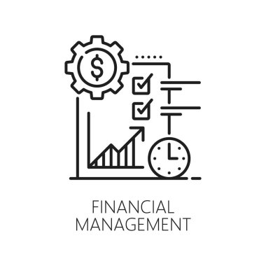 Finans analizi için mali yönetim ikonu, vergi geliri ve bütçe, çizgi vektörü. Banka işletmeleri ve muhasebe ana hatları ekonomi karı ve para geliri büyümesi için mali yönetim simgesi