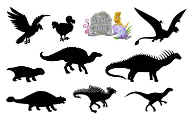 Dinosaur silhouettes, vector set of isolated black shadows of pegomastax, saichania, lystrosaurus and hypsilophodon. Dimorphodon, anatotitan, dicraeosaurus and dodo bird with argentavis dino animals clipart