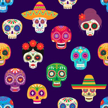Ölü Meksikalı Calavera kafatasları günü. Dia de Los Muertos kusursuz bir model. Geleneksel Meksika bayramı, karnaval ya da festival geçmişi, Catarina kafatasları ile ölü vektörlerin kumaş günü