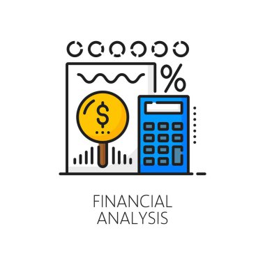 Renk mali analizi, muhasebe, vergi geliri ve bütçe çizelgesi ikonu grafikler, tablolar, hesap makinesi ve dolar para birimi işareti, veri değerlendirmesi, piyasa eğilimleri ve yatırım stratejileri sunar