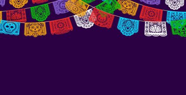 Kağıt kesikli Picado bayraklarıyla Meksika tatil geçmişi. Vector Day of the Dead ve Cinco de Mayo şenlik çelenkleri şeker kafatası, Catrina Calavera ve çiçek süslemeleri ile parlak bayraklar