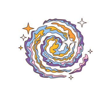 Çizgi film funky karikatür, vektör galaksi ikonu Retro groovy uzay. Galaktik bulutsu olan, dünya dışı uzaydaki kozmik bulutların girdabı ya da kara deliği olan harika bir çizgi film uzayı.