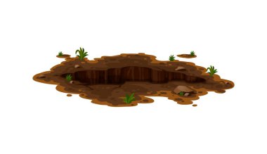 Kirli çukur ve oyuk, derin zemin çukuru. Bahçede ya da ormanda, toprak ve küçük bitkilerle çevrili, izole edilmiş karikatür vektör boşluğu. Çamurlu kırılma, bölünme veya düz olmayan kenarlar ve taşlarla kazma