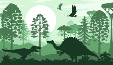 Ormanda tarih öncesi dinozor siluetleri. Dinozor ve uçan Pterozor gölgeleriyle dolu vektör sahnesi güneşli yemyeşil bir orman zeminine vuruyor.