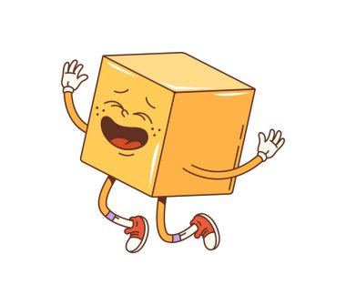 Çizgi film modası geçmiş matematik geometrik küp figürü. Ayrı bir vektör neşeli kübik karakter parlak sarı renkli, neşeli bir ifade kaldırılmış kollar, eğlence ve enerjiyle çocuklara eğitime hazır.