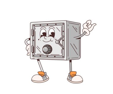 Çizgi film modası geçmiş kasa kasa kasa karakteri gülümseyen yüzü, kolları ve bacakları var. Tecrit edilmiş vektör çeliği ve sağlam kutu hippi kişiliği içinde neşeli tavırları olan sırları ve parayı koruyor.