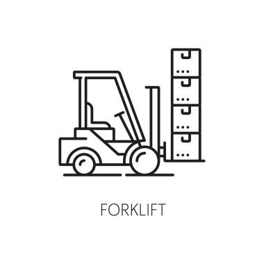 Forklift lojistik çizgisi simgesi. Tedarik zinciri, teslimat ve depolama, kargo servisi. Kargo kamyonunun izole edilmiş tek renkli vektör ana hatlı işareti, kutu yığını, yan görüş, minimalist, temiz tasarım