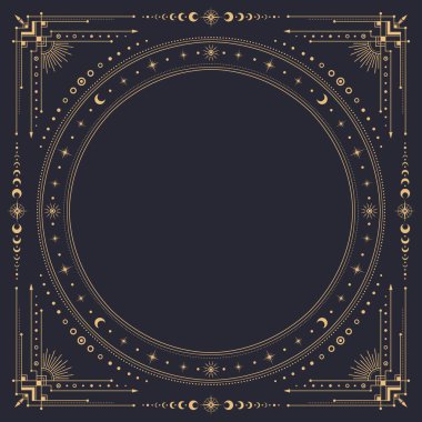 Mistik altın ay ve yıldızların sınırlarıyla kare gökyüzü çerçevesi, vektör tarot kartları, astroloji ve cadılık. Fantezi takımyıldızları, güneş ve tutulma sınırlarıyla altın çizgi boho süsleme çerçevesi