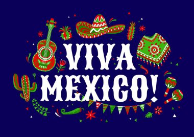 Meksika bayramı şenliği için sombrero, gitar ve biberli Viva Mexico bayrağı, vektör geçmişi. Meksika panço, marakas ve jalapeno biberli kaktüs süslü Meksika posteri.
