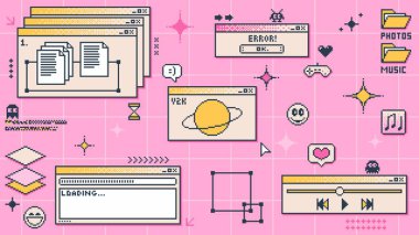 Y2K bilgisayar penceresi sayfası ve PC ekranının retro arayüzü, vektör arkaplan. 8 bit piksel sanatı ve eski 90ların Y2K bilgisayar görüntüleme pencereleri, internet tarayıcı sekmeleri yükleme çubuğu ve müzik ortam oynatıcısı