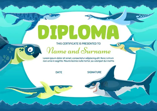 stock vector Kids diploma, cartoon water dinosaurs and reptiles certificate vector background frame. School or kindergarten diploma, graduate certificate or award, cute megalodon, kronosaurus and archelon dinos