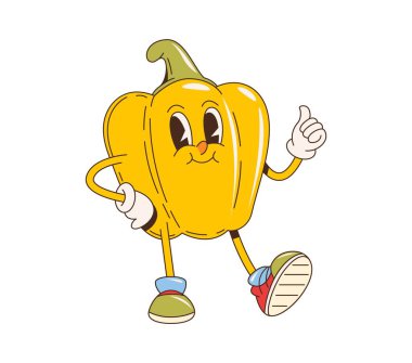 Bell pepper bbq barbekü çizgi film süper karakteri. Terk edilmiş vektör olgun, sarı sebze kişiliği hoş yüzlü eski spor ayakkabılarla, olumlu bir hareket sergiliyor ve neşeli bir ifade sergiliyor.