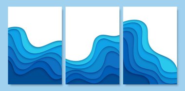 Mavi su kağıdı dalgaları, deniz ve okyanus dalgalarını keser. Çevre veya Dünya Su Günü için dalgalı katmanlı 3D vektör kağıtları ya da çerçeveler boş pankartlar. 8 Haziran Okyanusları Kurtarma Günü için poster şablonları