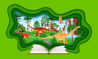 Tarih öncesi dinozorlar ve karikatür dino karakterleriyle tarih kitabı, vektör kağıt kesiği. Tarih öncesi dinozor kertenkeleleri ve orman kağıdında kuşları olan çocuklar için Jurassic park kitabı