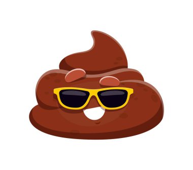 Cartoon poop emoji, funny poo excrement character, happy toilet shit emoticon. Isolated vector cheerful turd or feces personage with a smiling face, playful yellow sunglasses and cool confident smile
