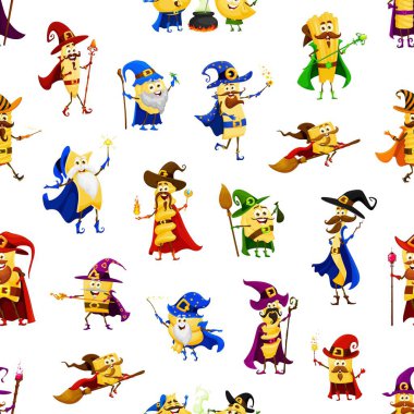 Cartoon Halloween pasta wizard and mage characters pattern. Wallpaper or fabric print vector background with orzo, orecchiette, lasagna, ditalini and filini, eliche, all uovo sorcerer cute personages clipart