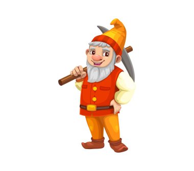 Çizgi film cücesi cüce madenci karakteri Kyle 'la birlikte. Gözlerinde pırıltı olan, parlak turuncu ve kırmızı madencilik kıyafeti giymiş, omuzunda ağır kazma taşıyan, izole vektör dayanıklı elf şahsiyeti.