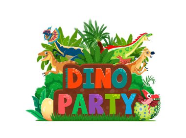 Doğum günü partisi davetli koruması. Dino-temalı bir parti için canlı ve eğlenceli bir davetiye. Karikatür dinozorlar ve verimli yeşillik manzarasında renkli eğlenceli tipografi ile yumurtadan çıkan bebek sürüngenler.