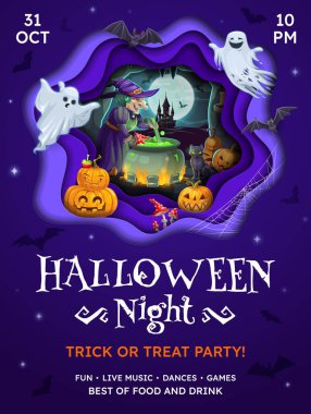 Kağıt kesikli cadı mağarası, hayaletler ve balkabaklarıyla cadılar bayramı partisi ilanı. Komik cadı ve iksirli kaynayan kazan, ay ışığında şato ve korkunç yarasalarla dolu vektör partisi davetiyesi posteri.