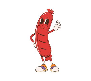 Sosis bbq barbekü çizgi film karakteri. İzole vektör eğlenceli ve neşeli kırmızı sosis yemek kişiliği retro hippi y2k tarzında, gülen yüzlü, spor ayakkabı giyen ve baş parmak işareti yapan